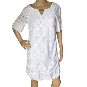 Adrianna Papell White Cotton Eyelet Short Sleeve Shift Dress Size 4 Keyhole Neck